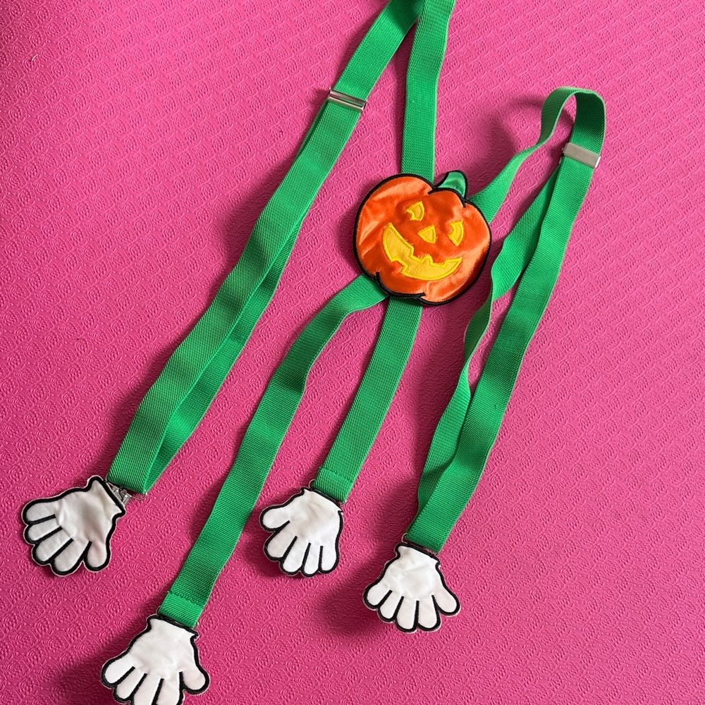 Green Pumpkin Suspenders with White Gloves
